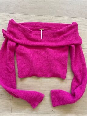 Free People Bright Fuchsia Off-the-Shoulder Cropped Sweater